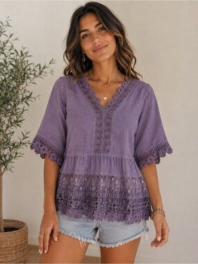 Indigo Thread Co Purple Boho Lace Peplum Top XS Floral Crochet Trim Blouse